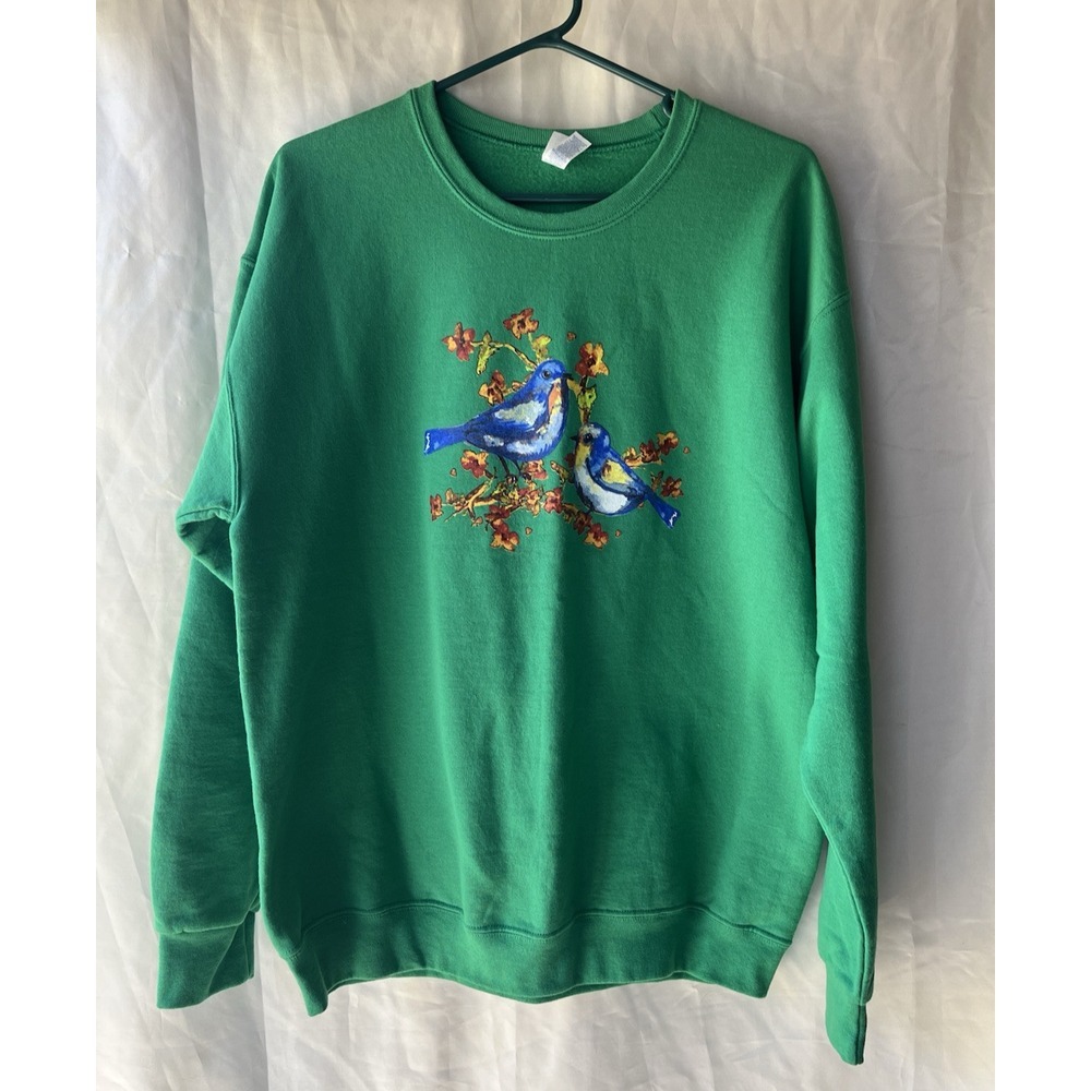 Vtg Jerzees Blue Bird Graphic Shirt Women's Green Sweatshirt Grandmacore Top Lg